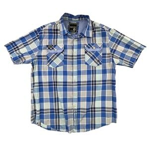 Akademiks Mens 2X Large Blue Plaid Short Sleeve Button Down Shirt Pockets